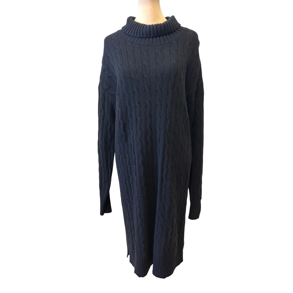 Polo Ralph Lauren Sweater Dress Size L Black Wool Cashmere Cable Knit Old Money